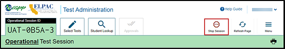 Test Administrator Interface screen with the Stop Session button indicated.