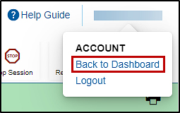 The Name drop-down list with the Back to Dashboard option indicated.