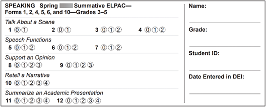 Student Score Sheet for recording Speaking domain scores.