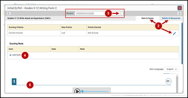 Score Response screen with the response section called out as 2, the spinner as 3, the Add Note feature as 4, and the item card as 5.