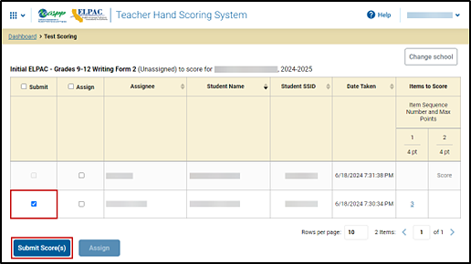 The Response List on the Test Scoring screen with the Submit checkbox and Submit Score(s) button indicated.