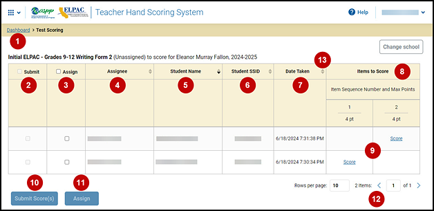 THSS Dashboard Test Scoring screen with callouts described in the numbered list that follows.