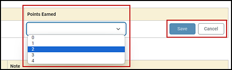 Section of a THSS screen with the Points Earned drop-down list and Save and Cancel buttons indicated.
