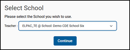 Select School screen for test examiners with a drop-down lists for Teacher.