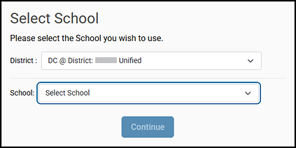 Select School screen for coordinators with drop-down lists for District and School.