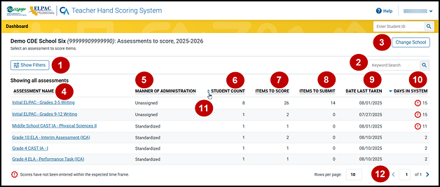 Showing all assessments table on the Dashboard screen with numbered callouts corresponding with the next numbered list.