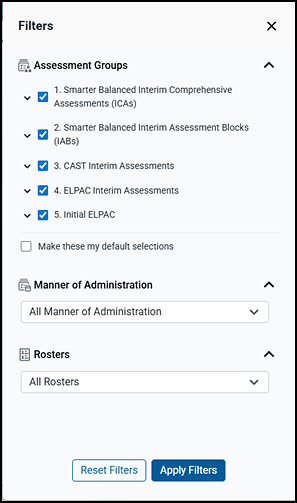 Filters overlay showing the list of Assessment Groups and the Manner of Administration drop-down list.