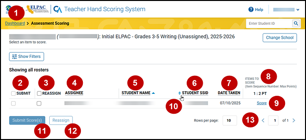 Assessment Scoring screen with numbered callouts corresponding with the next numbered list.
