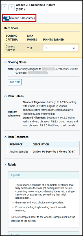 Rubrics and Resources section of the Item Scoring screen with the toggle indicated.