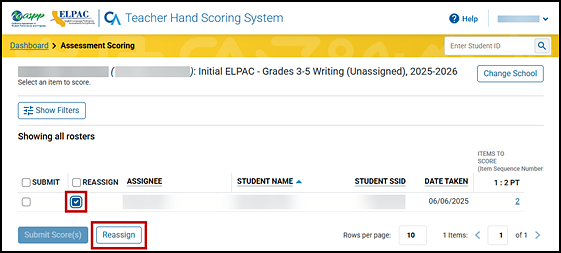 Assessment Scoring screen with the Reassign checkbox and Reassign button indicated.