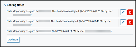 Reassignment notes on the Item Scoring screen.