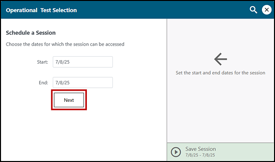 Test Administration screen with the Upcoming Session tab and the Schedule a Session button indicated.
