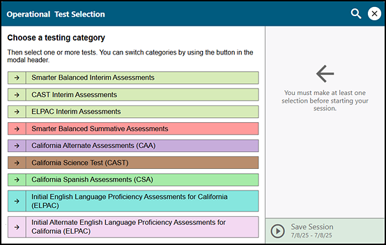 Operational Test Selection screen showing categories for the Smarter Balanced Summative and Interim Assessments, CAAs, CAST, CSA, and the Alternate, Summative, Initial, and Initial Alternate ELPAC.
