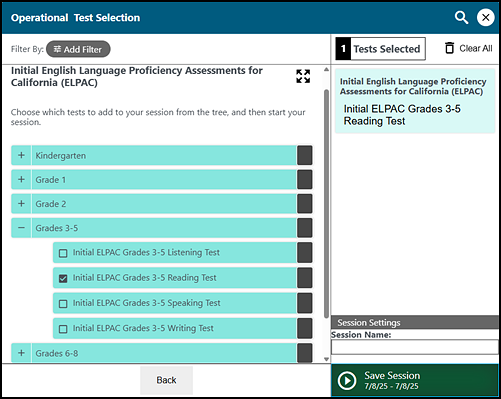Operational Test Selection Screen showing expanded tests, a session name, and the Save Session button.