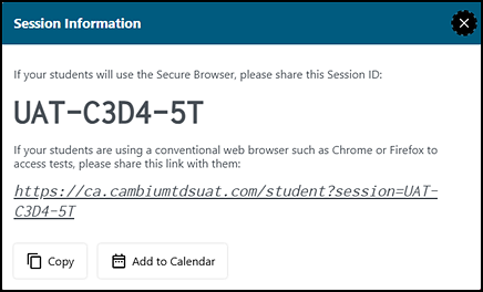 Session Information pop-up with a Session ID presented.