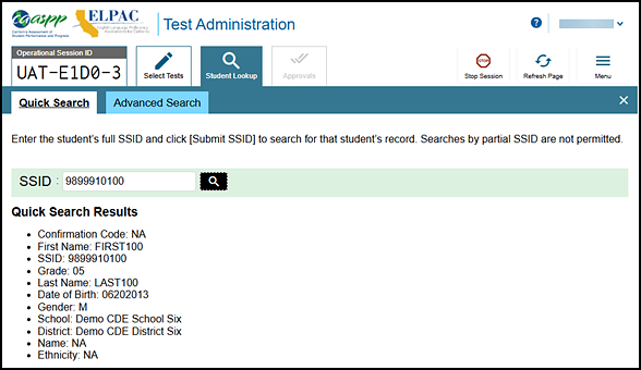 Student Lookup: Quick Search tab with sample student information.