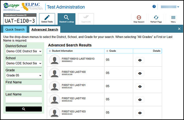 Student Lookup: Advanced Search tab with a list of sample results.