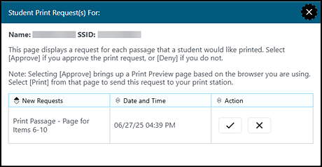 Student Print Request window with one item in the queue.