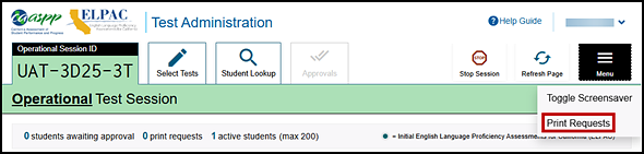 Test Administrator Interface with Print Requests option indicated.