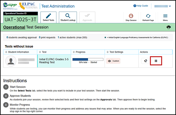 The Test Administrator Interface with a student's Pause button indicated.