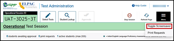 Test Administrator Interface with the Toggle Screensaver option indicated.