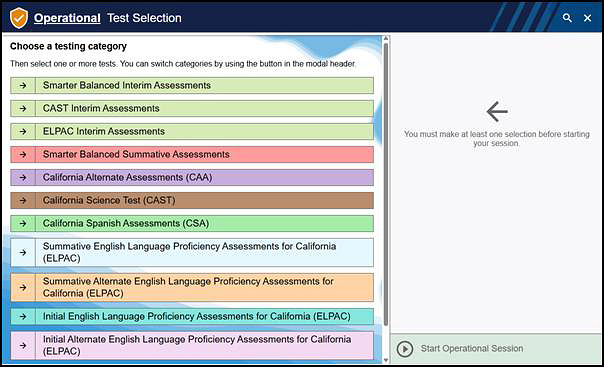Operational Test Selection screen showing categories for the Smarter Balanced Summative and Interim Assessments, CAAs, CAST, CSA, and the Alternate, Summative, Initial, and Initial Alternate ELPAC.