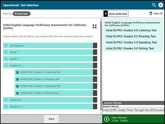 Operational Test Selection Screen showing expanded tests, a session name, and the Save Session button.