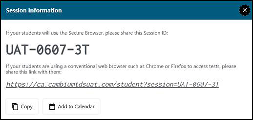 Session Information pop-up with a Session ID presented.