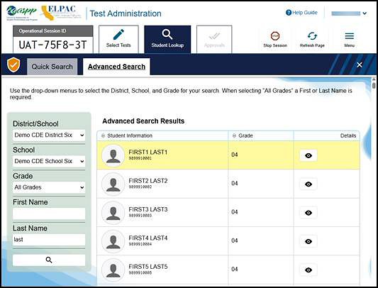 Student Lookup: Advanced Search tab with a list of sample results.