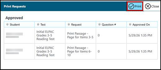 Approved Requests window with the Print button indicated.