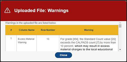 Uploaded File warning message example