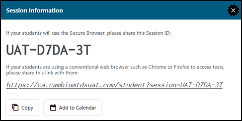 Session Information pop-up with a Session ID presented.