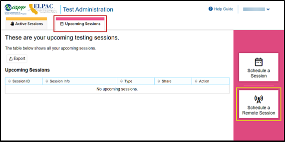 Test Administration screen with the Upcoming Session tab and the Schedule a Remote Session button indicated.