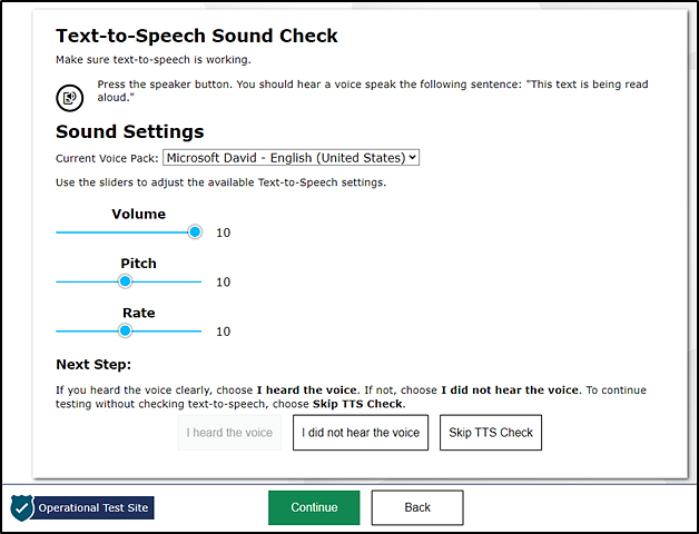 Text-to-Speech Sound Check section of the Audio/Video Checks screen.