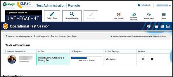 Operational Test Session screen in List View.