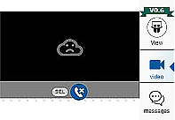 Black screen containing a gray cloud with a sad face, and a blue-filled circle with a white phone and an 'x.'