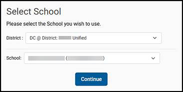 Select School screen for coordinators with drop-down lists for District and School.