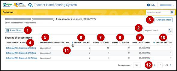 Showing all assessments table on the Dashboard screen with numbered callouts corresponding with the next numbered list.