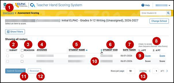 Assessment Scoring screen with numbered callouts corresponding with the next numbered list.