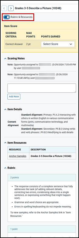 Rubrics and Resources section of the Item Scoring screen with the toggle indicated.