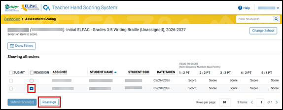 Assessment Scoring screen with the Reassign checkbox and Reassign button indicated.