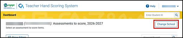 Dashboard screen with the Change School button indicated.