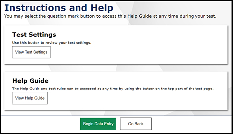 Instructions and Help screen with Begin Data Entry and Go Back buttons.