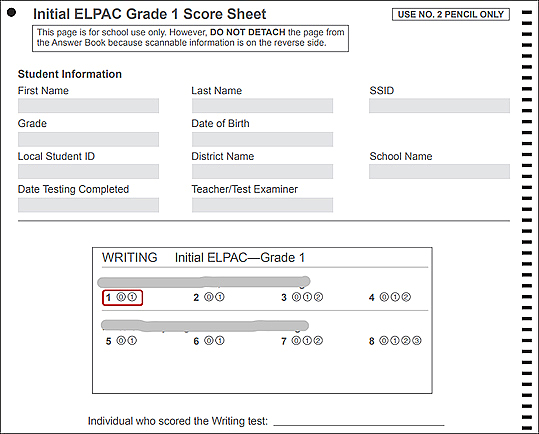 Sample Writing domain student score sheet with item number one indicated.