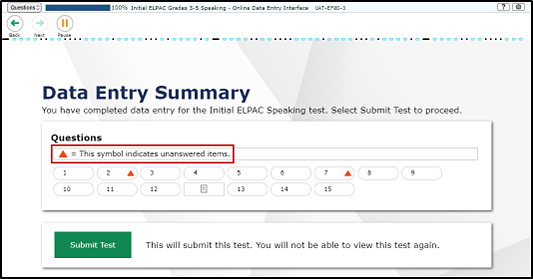 Data Entry Summary screen with the text indicating the triangle symbol equals unanswered items called out.