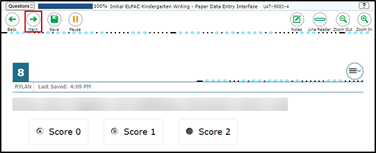 Data Entry Interface screen for paper data entry showing the last item to be scored with the Next button indicated.