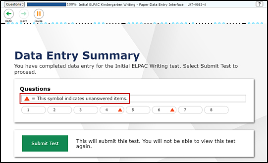 Data Entry Summary screen with the text indicating the triangle symbol equals unanswered items called out.