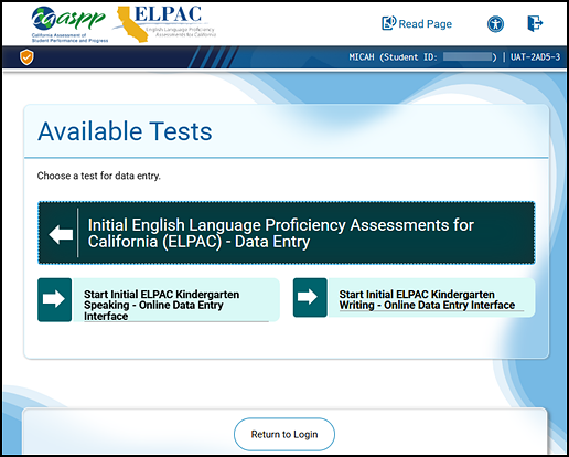 Available Tests screen with the Initial ELPAC test selected for the student's applicable grade level or grade span.