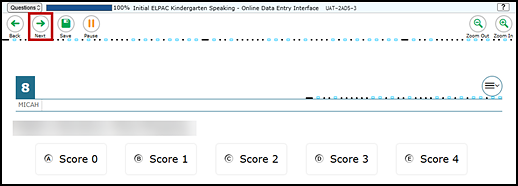 Data Entry Interface screen showing the last item to be scored with the Next button indicated.