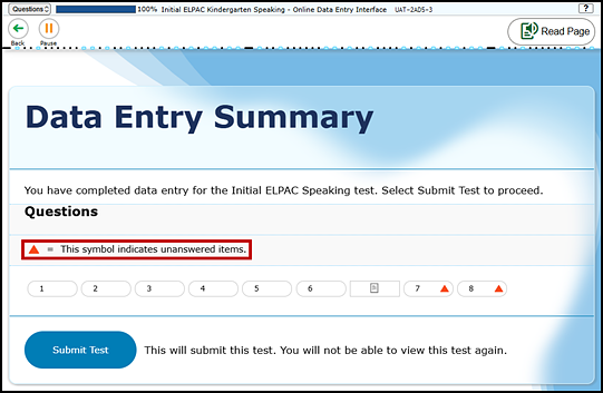 Data Entry Summary screen with the text indicating the triangle symbol equals unanswered items called out.